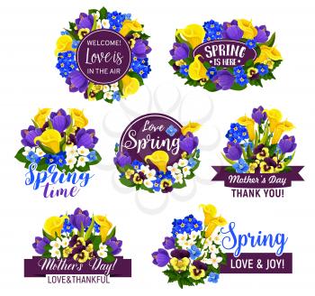 Spring flower icon with ribbon banner for Mother Day and Springtime Holiday greeting card template. Floral wreath and bouquet composed of crocus, calla lily, jasmine and pansy with greeting wishes