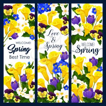 Welcome Spring greeting banner with blooming flower for Springtime Season Holiday template. Spring flower bouquet with crocus, calla lily and jasmine, pansy and green leaf for festive card design