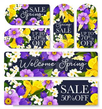 Spring sale shopping tags set for springtime seasonal shopping discount promo. Vector store sale banners design of blooming daffodils, tulips and crocuses or calla lily flowers bouquets