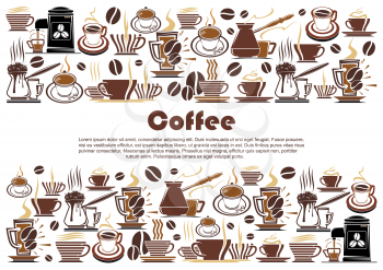 Coffee banner, edged with hot drink and beverage border. Cup of coffee, espresso and cappuccino mug, coffee machine and pot, coffee bean and hot chocolate for cafe menu cover and food packaging design