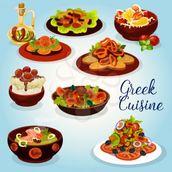 Greek cuisine icon with traditional lunch dish. Feta cheese stuffed pepper, vegetable bean and mushroom salad, lamb stew, squid in wine sauce and fish cream soup, grilled shrimp, yogurt fruit dessert