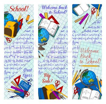 Back to school supplies discount offer banner for new school year sale season template. Student education items, pencil, book, ruler and pen, globe and backpack on squared paper for advertising design