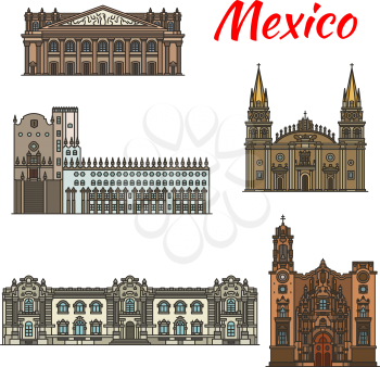 Travel landmark of Mexico thin line icon of famous tourist sight. Guadalajara Cathedral, Guanajuato University and Government Palace, Degollado Theater and La Valenciana Church for tourism design