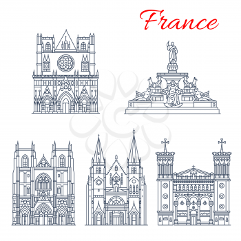 French travel landmark icon set of European architecture. Fountain at Royal square, Nantes Cathedral and Basilica of Notre Dame de Fourviere, Lyon Cathedral and St Nizier Church