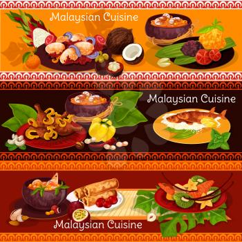 Malaysian cuisine restaurant banner for exotic asian menu. Beef stew rendang, chicken curry and grilled fish, served with rice, hot curry egg, fried spring roll, soup with noodle, seafood and papaya