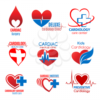 Cardiology medicine and cardiac surgery icon for health care design. Heart, heartbeat pulse line and cross, drop of blood and leaf isolated symbol for hospital, medical clinic and diagnostic center