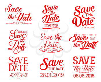 Save the Date lettering for wedding ceremony celebration design. Hand drawn calligraphy font with ribbon banner for engagement invitation or marriage greeting card template