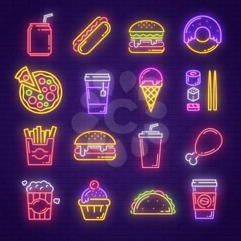 Fast food and drink neon sign for fastfood restaurant, burger cafe or pizzeria design. Hamburger, hot dog and fries, cheeseburger, chicken and pizza, soda, coffee and sushi glowing light signboard