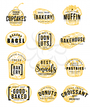 Pastry and bakery shop sketch with hand drawn lettering for dessert food label template. Sweet bread, croissant and cake, donut, cinnamon roll and cupcake, donut, swiss roll and pretzel design