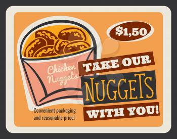 Chicken nuggets vintage banner of fast food restaurant. Deep fried chicken meat snack in takeaway paper bag retro poster for fast food cafe lunch menu design