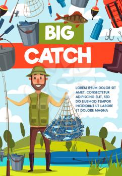 Big catch fish banner for fishing sport, outdoor activity design. Fisherman with rod, fish net and boat on river or lake bank poster, adorned by hook, bait and tackle, boot, bucket and backpack icon
