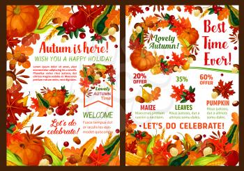 Autumn sale poster for seasonal fall harvest discount promo. Foliage, maple leaf or oak acorn, pumpkin or rowan berry and autumn fruit and corn or autumn forest mushroom for farm market vector design