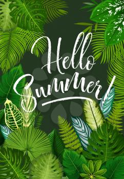 Summer tropical adventure poster with green leaf of palm. Exotic tree and plant foliage banner for hawaiian vacation or paradise holidays beach party design with fern, monstera, fan and areca palm