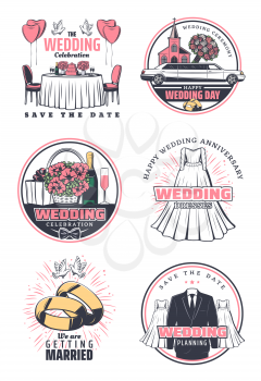 Wedding ceremony celebration retro icon set. Wedding bride dress, groom suit and rings, bridal flower bouquet, wedding car and church, heart balloon, gift and dove for save the date card design