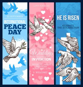 Wedding invitation, Easter religion holiday greeting card and World Peace Day banner with dove of peace. White pigeon bird sketch flyer with olive branch, heart and crucifix for festive design