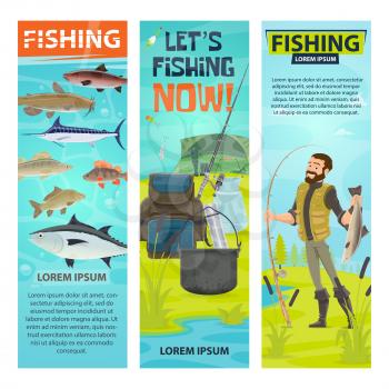 Fishing and fisherman banners of fisher with fish catch and equipment. Vector design of fishing rod and inflatable boat or man in rubber boots, tackles baits and hooks for salmon, trout or marlin