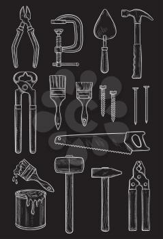 Work tools chalk sketch icons. Vector isolated set of home repair and construction tools carpentry hammer or saw, screwdriver or bolts and nails, trowel and paint brush, nippers and pliers