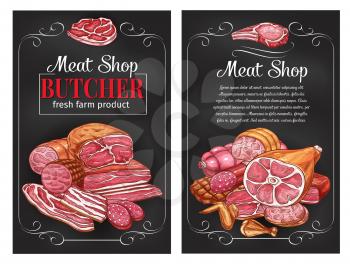 Butcher shop meat sketch poster of fresh meat, sausages and gourmet delicatessen. Vector pork bacon or beef steak and tenderloin, bb grill brisket and chicken wings or ham, cervelat and pepperoni