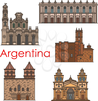 Argentina architecture landmarks and famous building line facade icons. Vector set of Argentinean churches and cathedrals of Buenos Aires Franciscan monastery of Latin America travel sightseeings