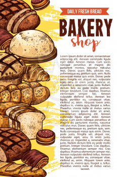 Bakery shop sketch poster of bread for baker store. Vector design of wheat loaf and rye bagel or croissant baguette and breakfast toasts, muffin and pies or cakes and donuts
