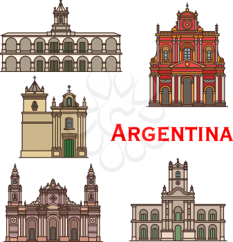 Argentina architecture landmarks and famous building line facade icons. Vector set of churches of Salta and Saint Bernard monastery, Buenos Aires town hall and San Francisco cathedral of Latin America