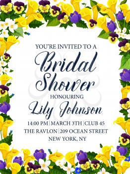 Bridal shower party and wedding ceremony floral card for invitation template. Spring flower banner with border of calla lily, jasmine, crocus and pansy, green leaf, blooming plant and text layout