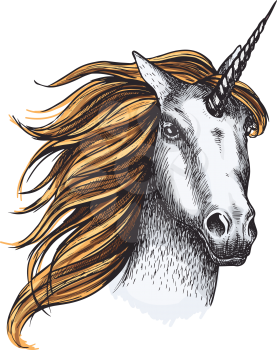 Unicorn mystic fairy horse head sketch icon with golden mane and magic silver horn. Vector unicorn horse muzzle with waving mane for equine sport or equestrian races and contest exhibition design