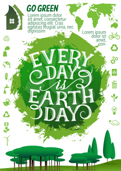 Earth Day holiday banner with ecology and environment protection icon. Green tree nature landscape poster, edged by recycle, green energy and eco transport, water saving, eco city and bio fuel sign