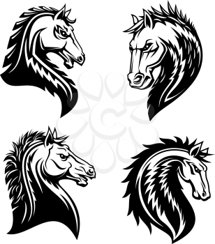 Horse head vector sign. Horse silhouette tattoo template. Black and white silhouette of a horse heads. Vector design with different horses, concept of racing and wild animal