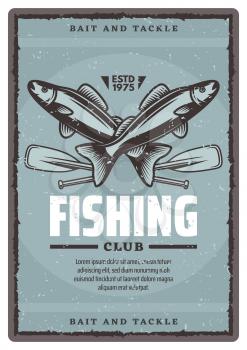 Fishing club retro poster with wild salmon and paddles. Creative badge for fishing club, concept of bait and tackle. Fishing vector banner in vintage style. Fishing sport and fishermen club concept