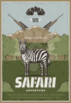 Safari vector poster with zebra and rifles, wild nature on background. Concept of adventure, into the wild, safari trip. Hunting and travel to Africa and jungle, tropical summer vacation