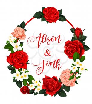 Save the Date wedding greeting card or engagement party invitation. Vector design of blooming roses and floral blossoms frame with bride and bridegroom names in flourish wedding design