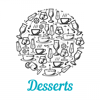 Desserts and drinks poster. Vector line icons of pastry sweets, juice or soda and cocktails, ice cream or tiramisu and cupcake or chocolate muffin for cafeteria or cafe design
