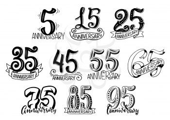 Anniversary year numbers lettering for birthday greeting card design. Vector isolated doodle sketch set from 5 to 95 anniversary age numbers with ribbons and flourish retro calligraphy