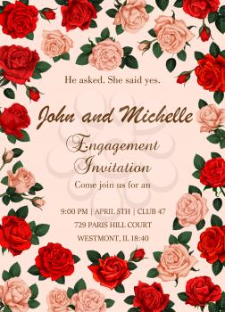 Save the Date engagement invitation card for wedding party. Vector floral design of blooming roses and floral blossoms frame for wedding greeting with bride and bridegroom names