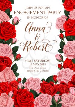 Engagement party invitation card design of roses flowers and bride and bridegroom names. Vector floral design for Save the Date greeting with flowery blossoms bouquet frame