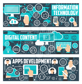 Information technology, digital content and web apps development banners. Vector flat design for social network and internet online communication or cloud share system for user data storage