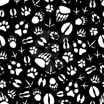 Animals and birds footprints seamless pattern. Vector tracks background of crow or sparrow claws, wild bear or wolf and hare paws, boar or elk and deer hoof prints