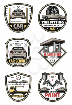 Car auto service icons for mechanic garage or automobile repair. Vector symbols of gasoline station, car engine and valve pistons with tire wheels and loader truck for auto paint