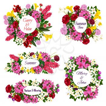 Save the Date or wedding greeting cards of summer flowers bouquets with bride and bridegroom names. Vector summertime flourish blooming viola, hibiscus rose and callas with daffodils