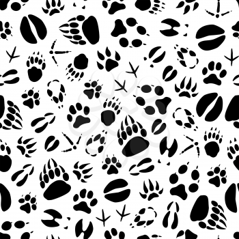 Animals and birds footprints seamless pattern on snow. Vector wild bear or wolf and hare paws tracks, boar or elk and deer hoof imprints or crow and sparrow claws background