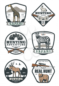 Hunting sport retro badges for safari adventure and hunter club design. African giraffe, zebra and bear, hare and elk vintage label, decorated with rifle, knife, binocular and ribbon banner