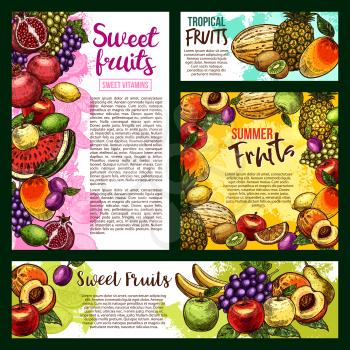 Fruit banners with fresh tropical and garden berries frame. Apple, orange and banana, mango, lime and peach, watermelon, grape and pineapple, melon, plum, lime and pomegranate sketch for food design