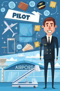 Pilot in uniform banner for transportation profession themes. Aircraft pilot or aviator at airport poster with airplane, ticket and frame for plane travel, airline pilot or captain of aircrew design
