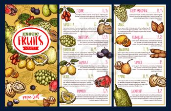 Fruit market price list template with exotic tropical berries. Pomelo, jackfruit and marula, tamarind, sweetsop and jaboticaba, jujube, ackee and salak, pepino, morindo, sapodilla and santol sketch