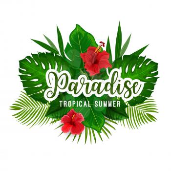 Tropical jungle palm leaf and exotic flower poster for summer vacation and holiday template. Red hibiscus, fan and banana palm tree, monstera and philodendron foliage for summertime paradise design