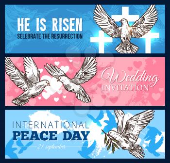 White dove bird sketch banner set for wedding ceremony, Easter religion holiday and World Peace Day template. Flying pigeon with heart, olive branch and crucifix for greeting card or invitation design
