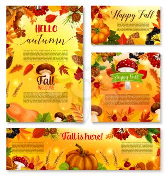 Hello Autumn posters or banners of pumpkin, amanita or chanterelle forest mushroom, rowan berry harvest. Fall is here vector design of pine cone, maple leaf or oak acorn and autumn falling leaves