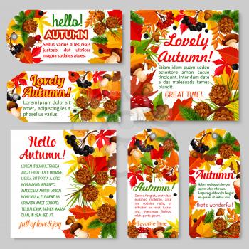 Hello Autumn banner and fall season tag set. Fall leaf and forest nature card with yellow foliage, mushroom, acorn branch, rowan and briar berry, pine cone frame for autumn season label design