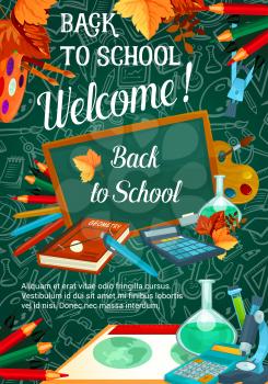 Back to School sale promo web banner for September autumn seasonal school store discount offer on green chalkboard. Vector school bag, books or paint brush and maple leaf, chemistry copybook or ruler